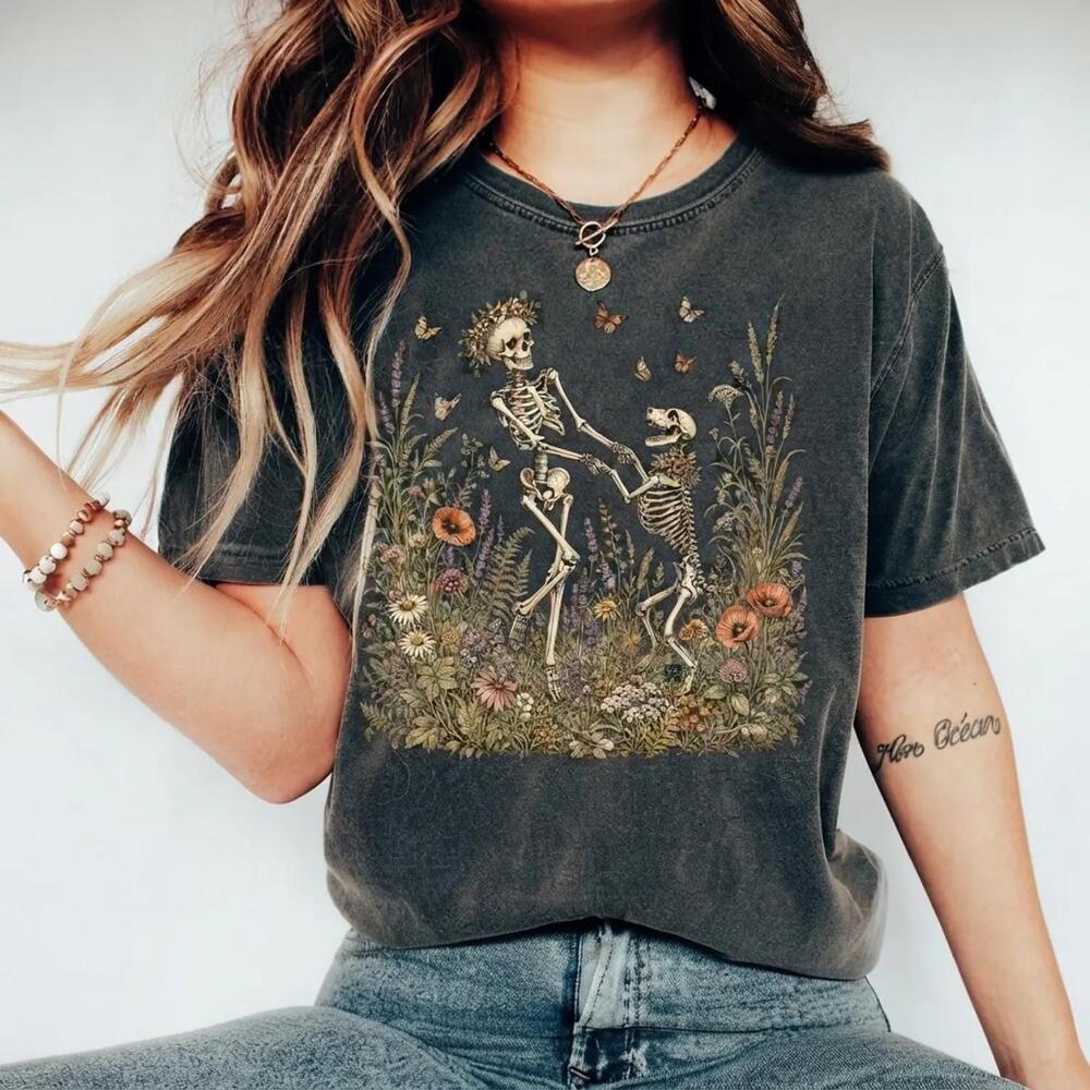 S Skeleton Dog Dancing Wildflower Botanical Floral Cottagecore